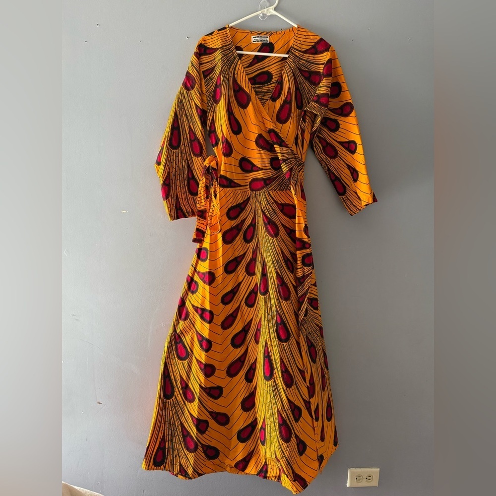 Bold Mustard Yellow Wrap Maxi Dress with Red & Black Accents 57”for wrapping